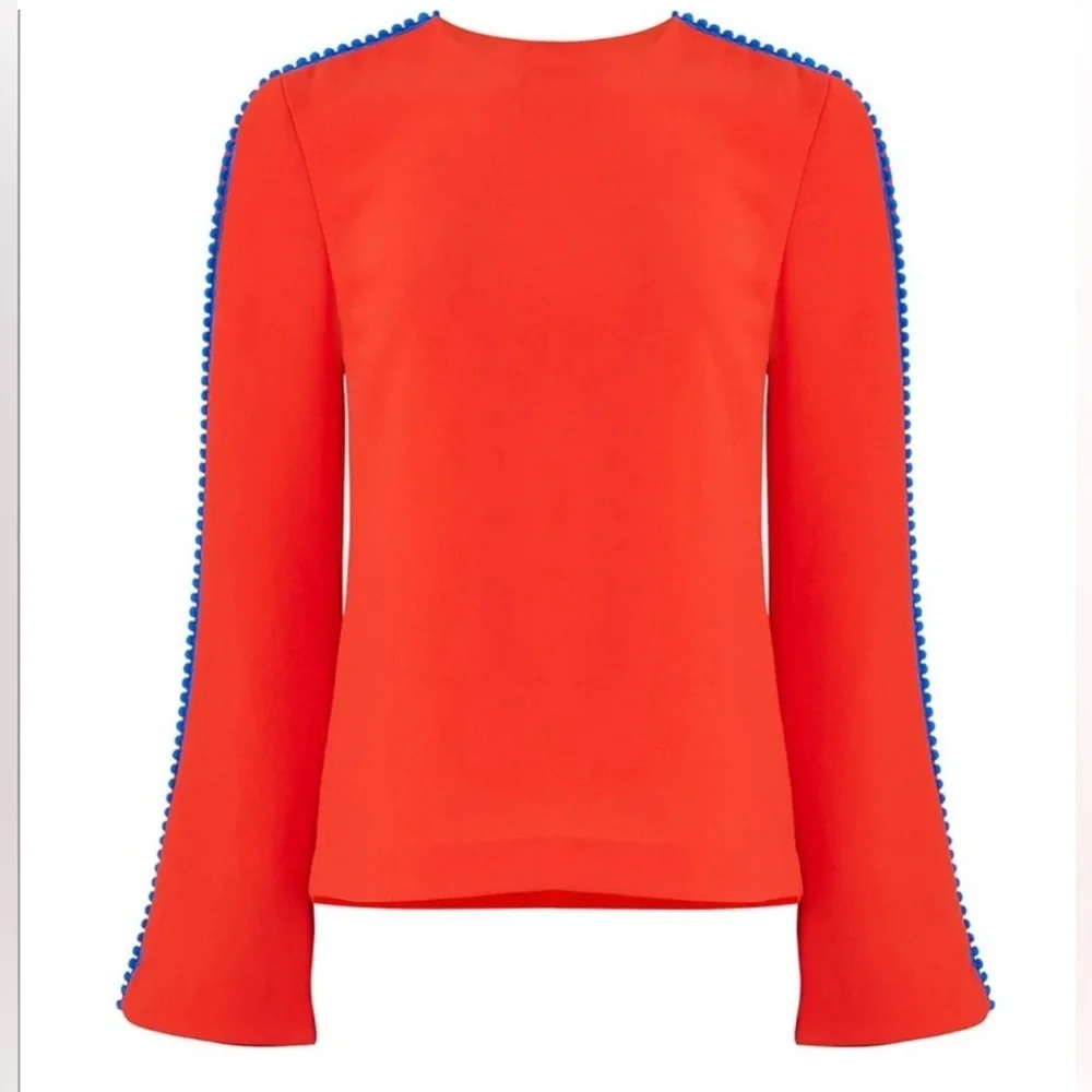 Galvan London‎ NWT Misti Long Sleeve Crepe Pom Pom Blouse 4 Red Cobalt